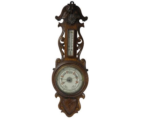 VINTAGE CARVED OAK ANEROID WALL BAROMETER WITH THERMOMETER - 78cms overall H