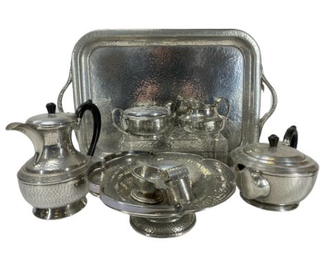 'MY LADY' AND 'ROUNDHEAD' PEWTER TEA SERVICE including a two-handled tray, 34 x 53cms