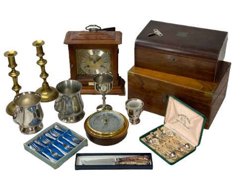 METAMEC MANTEL CLOCK, brass candleholders, barometer, souvenir spoons, EP and pewter tankards, two wooden work boxes, ETC