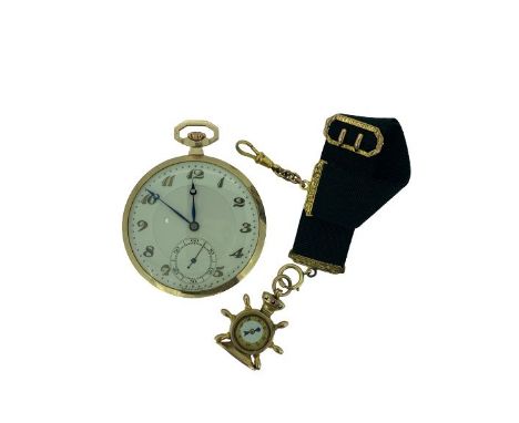 STYLISH CIRCA 1930s 9CT GOLD CASED POCKET WATCH and cloth fob with 9ct gold mounts and ship's wheel compass fob, manual wind,