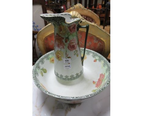 A ROYAL DOULTON WHITE GLAZED PORCELAIN WATER JUG AND BASIN with green classical border above the white ground, decorated with