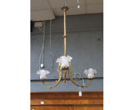 A VIENESSE STYLE PENDANT LIGHT the hexagonal tubular frame issuing three scrolled arms with foliate brackets headed by froste