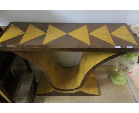 AN ART DECO STYLE CONSOLE TABLE the rectangular marquetry veneered top raised on  U-shaped supports with shaped plinth base  