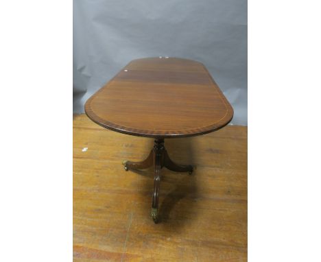 A REGENCY STYLE MAHOGANY D END DINING ROOM TABLE, the crossbanded top with satinwood line inlay raised on twin turned pillar 