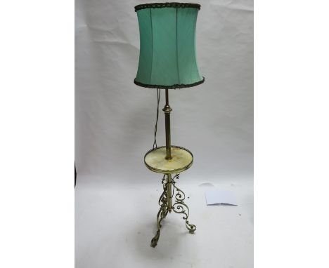 A CONTINENTAL STYLE LAMP TABLE, the green octagonal shaped shade supported on a fluted column above a circular marble top tab