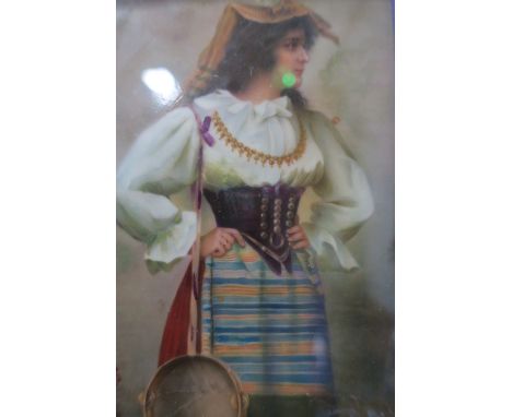 CONTINENTAL SCHOOL Portrait of  Female Tambourine PlayerSigned Lower Right IndistinctlyOil on Porcelain Panel17cm x 10cm