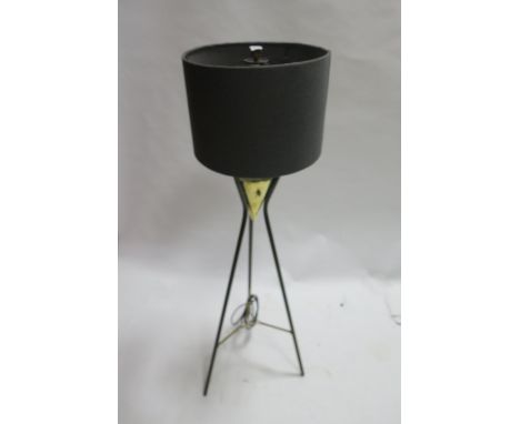 A MID 20th CENTURY TWO LIGHT BRASS FRAMED STANDARD LAMP, BY STILNOVO,  the grey shade above a black tubular stand with brass 