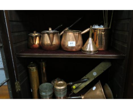 A COLLECTION OF COPPER AND BRASS, to include a brass spring balance scales, funnels, measures, etc.