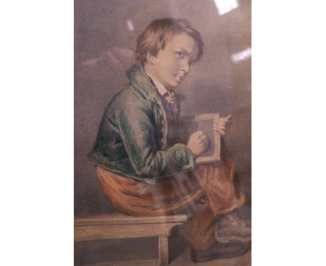 A COLLECTION OF VARIOUS PICTURES, to include; a Victorian coloured engraving "A Poser"; A Needlwork Panel; Watercolour by M R
