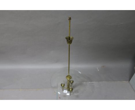 A GILT BRASS AND GLASS THREE LIGHT PENDANT LAMP ITALIAN c1970 the tubular stem fitted a glass shade and three brass mounted l