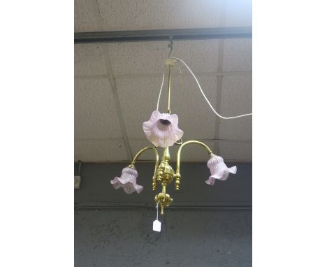 A CONTINENTAL STYLE BRASS FRAMED THREE LIGHT PENDANT the tapering tubular frame with circular reservoir issuing three scrolle