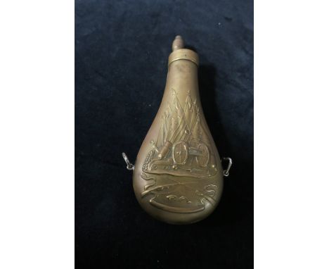 A BRASS GUN POWDER FLASK.