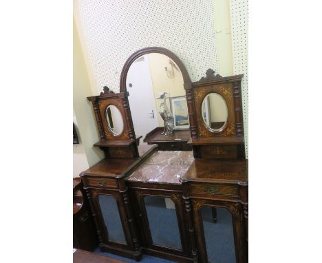 A VICTORIAN WALNUT AND MARQUETRY INLAID SIDE CABINET the raised back centred by an arched bevelled plate within a molded fram