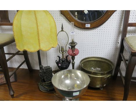 A MISCELLANEOUS COLLECTION, to include a brass oil lamp ruby bowl, together with a brass planter, plated punch bowl etc. (5)