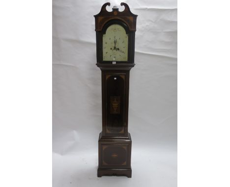 A 19th CENTURY MAHOGANY AND MARQUETRY INLAID LONG CASE CLOCK the hood with a broken arched pediment decorated with foliate mo