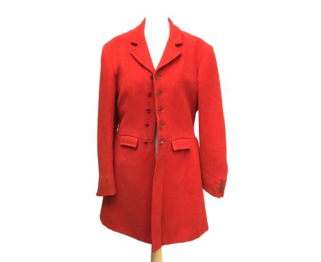 A gent's red tailored hunting coat with tattersall check lining and four internal pockets, five button holes for huntsman or 