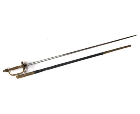 A rapier with scabbard, one side marked with a stand of arms, the other side monogrammed GRJ below a crown, 79cm to hilt 