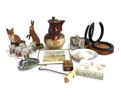 A mixed hunting interest lot to include stoneware jug and lid; Border Fine Art figures of a fox and a hare, match striker, sh
