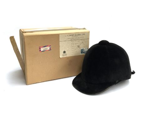 A black felt pytchley high crown hunting cap by S. Patey (London) Ltd., size 7 3/8, in Patey box 