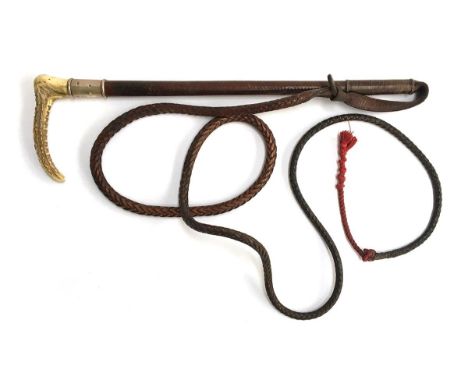 A gent's hunting whip, 48cmL, with whale bone shaft bound in leather, silver collar hallmarked for Swaine &amp; Adeney Ltd, L