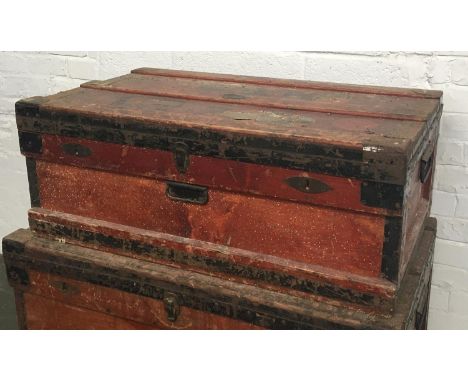 A metal lined travel wood and canvas travel trunk with metal bracings, bears label 'The Marshall Improved Air &amp; Water-tig