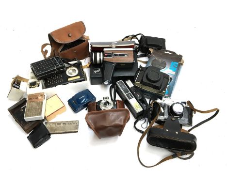 A mixed box of photographic equipment and vintage transistor pocket radios, to include an Olympus XA2; Kodak box brownie; var
