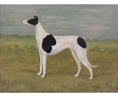 A Stevenson, portrait of a greyhound in landscape - 'Stately Stella', oil on canvas, signed and dated 1909 lower left, 29x40c