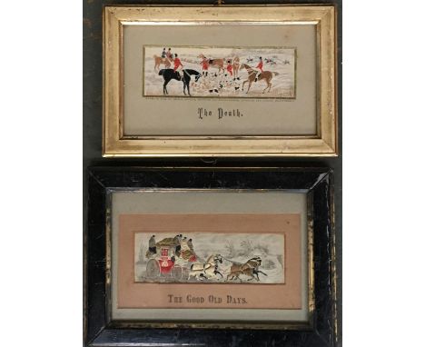 Hunting interest, a framed 19th century silk picture Stevengraph, 'The Death', woven in silk by Thomas Stevens, 15x5cm; toget