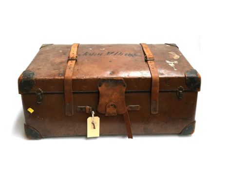 An Orient make leather travel trunk, with removeable tray, leather straps and corner bracings, with Southern Railways and oth