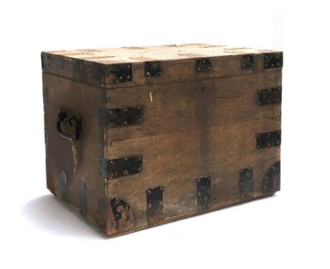 An oak silver trunk by J. Parkes, Goldsmith and Jeweller, Vigo St. London, with metal bracing and loop handles, baize lined f