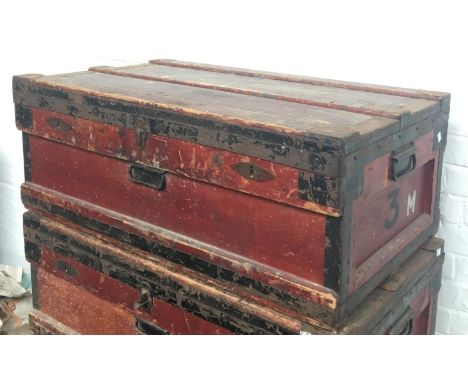 A metal lined travel wood and canvas travel trunk with metal bracings, bears label 'The Marshall Improved Air &amp; Water-tig
