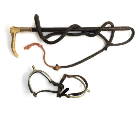 A ladies hunting whip, 49cmL, with whale bone shaft bound in leather, silver collar with marks rubbed monogrammed RLS, stag a