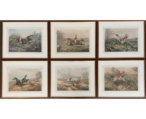 After John Leech, a set of six coloured engravings depicting humourous fox hunting scenes, each 20x28cm 