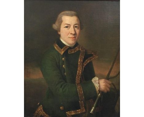 Francis Cotes (1726-1770), Portrait of a Gentleman Huntsman wearing a Green Coat trimmed with Gold Fringe, Holding a Hunting 