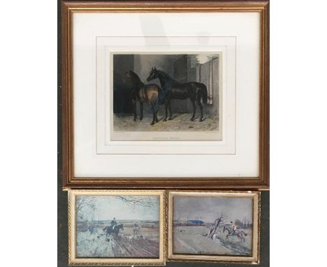 After C. Hancock, 19th century coloured engraving of thorough breds, 16x20cm; together with two small Lionel Edwards prints, 