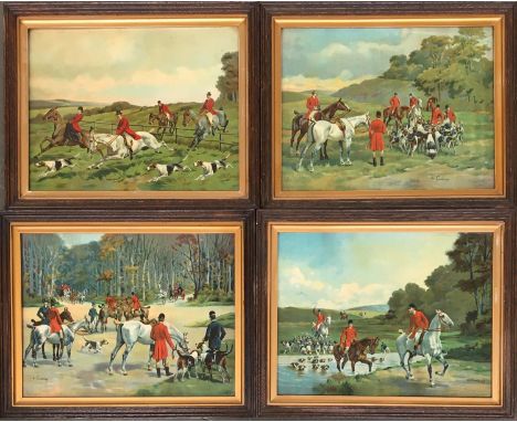 After Charles-Fernand de Condamy (circa 1855 - 1913), four coloured prints of hunting scenes, framed and glazed, each 31x40.5