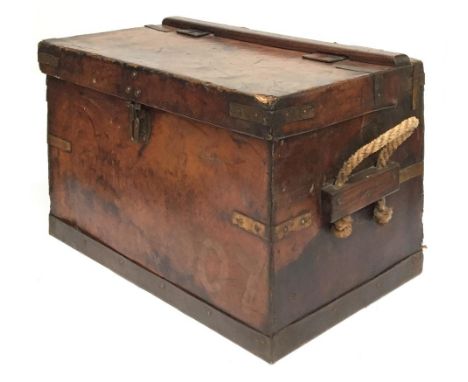 A 19th century leather coaching trunk, with metal bracing and twin rope handles, 70x44x44cmH 