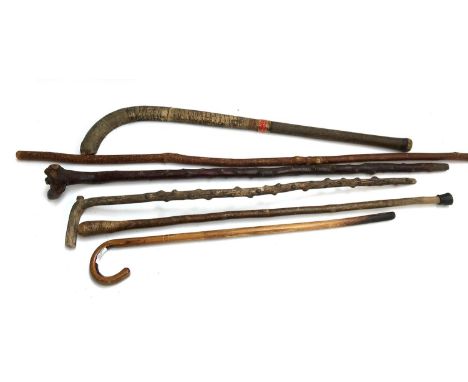 A bundle of walking sticks, including one vintage hockey stick (6) 