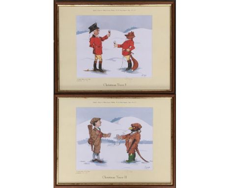 A pair of hunting cartoon prints, 'Christmas Truce I' and 'Christmas Truce II', depicting a hunter toasting with a fox and a 