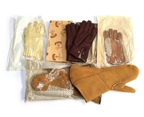 A pair of sheepskin driving gauntlets, a pair of mustard string hunting gloves, a pair of leather and string driving gloves, 