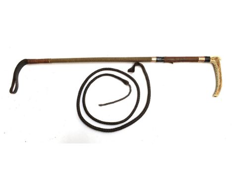 A gent's hunting whale bone and antler hunting whip with two 9ct gold collars, the first inscribed H.C. Richards Kemp; togeth