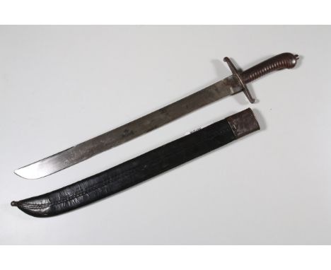 FaschinenmesserEisen, wohl Württemberg, Lederscheide mit Eisenbeschlägen, Parierstange gepunzt Rgt. 120. R. H. 121 cm, L. 63 