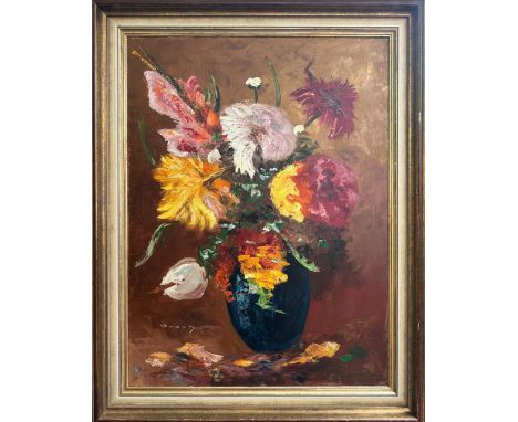Busch, H.Öl auf Leinwand, auf Keilrahmen gezogen, „Fleurs d’ automne“, buntes Blumenstillleben in einer blauen Vase, 20. Jh.,