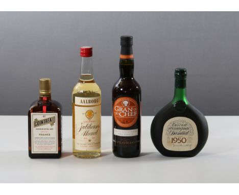 Konvolut SpirituosenCointreau Likör, Aalborg Akvavit, Armagnac 1950 Très Vieil Armagnac Damblat, Gran Chef
