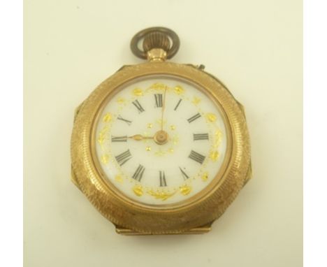 A 9CT GOLD CASED LADY'S FOB WATCH, having decorative white dial with Roman numerals, engraved case with some enamel detailing