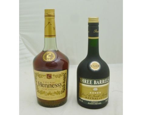 HENNESEY VS COGNAC 1 litre bottles and THREE BARRELS RARE OLD FRENCH BRANDY 70cl bottle (2) 