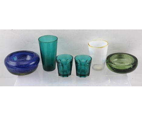 AN OPAL GLASS BEAKER, 8.5cm high, together with a PAIR OF GREEN TOTS, a green BEAKER, a green bubble glass BOWL and a blue BO