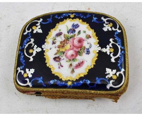A VICTORIAN ENAMEL DECORATED PURSE, cobalt blue ground with a central reserve painted with a bouquet of summer flowers, pink 