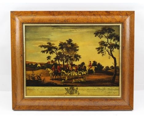 A GEORGIAN DESIGN REVERSE GLASS PICTURE OF A FOX HUNTING SCENE, dedicated to the Marquis of Rockingham, 26cm x 35cm mounted i