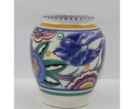 A MID-20TH CENTURY POOLE ART POTTERY VASE of baluster form, hand painted with polychrome flowers and birds, impressed and pai